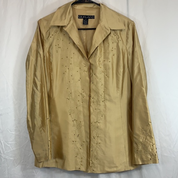 SilkLand Women's Button Up Long Sleeve 100% Silk Yellow Gold Beaded 6 - Picture 1 of 9